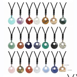 Pendentif Colliers Pierre Naturelle Chanceux Pièce Collier Pour Femmes Hommes Reiki Guérison Ronde Donut Cristal Bijoux Cordon Tressé Réglable Dhnao