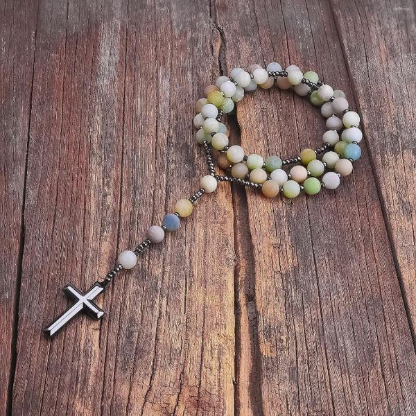 Pendentif Colliers Pierre Naturelle Mat Amazonite Catholique Christ Chapelet Hématite Croix Collier Femmes Bijoux