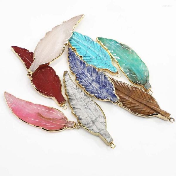 Pendentif Colliers Naturel Pierre Multicolore Feuille Plume Forme Pull Chaîne Charmes Élégants Bijoux DIY Collier Accessoires En Gros 4 pcs