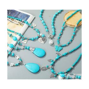 Pendentif Colliers Collier En Pierre Naturelle Pour Les Femmes Turquoises Bohème Coeurs Amoureux Feuille Papillon Perle Charme Western Jewelrypenda Dhej1