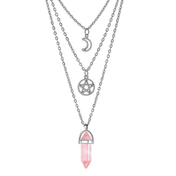 Pendentif Colliers Pierre Naturelle Collier Hexagonal Lune Étoile Améthystes Quartz Cristal Pour Femmes Fille Vintage Bijoux