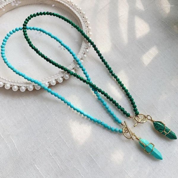 Pendentif Colliers Pierre Naturelle Collier Fil Wrap Point Hexagonal Pendule Malachite Turquoises Cornaline Cristal Collier Femme Collier