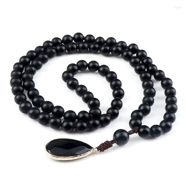 Collares colgantes Collar de piedra natural para hombres 8 mm Black Matte Beads Classic Mala Rosario Andada Long Charm Mujeres Joyas de yoga