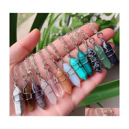 Pendentif Colliers Pierre Naturelle Pilier Pendum Fil Wrap Reiki Guérison Collier En Cristal Hexagonal Améthyste Quartz Rose Chakras Pendo Dho5E