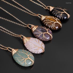 Colliers pendants Stone Natural Rose Quartz Opale Collier Gold Color Tree of Life Wrap Water Drop Drop Forme pour femmes hommes
