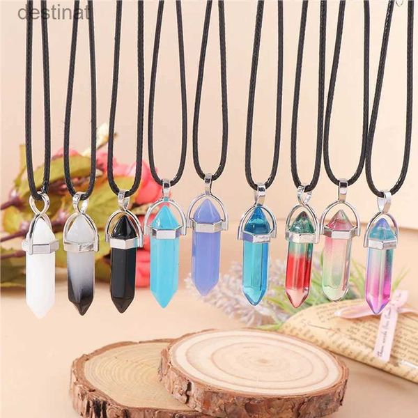 Pierre naturelle Quartz Lapis opale améthyste rose cristal pierre hexagonale colonne pendentif colliers chaîne en cuir balle collier L242313