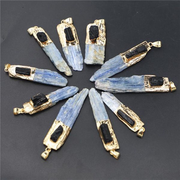 Collares pendientes Piedra natural Crudo Negro Turmalina Azul Kyanite Charm Joyería Chapado en oro Lado Nugget Collar DIY FindingsPendant