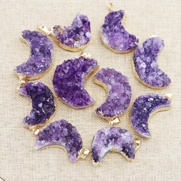 Pendentif Colliers Pierre Naturelle Minerai Brut Améthyste Croissant Collier Lune Violet Cristal Charme Bijoux DIY Artisanat Accessoires En Gros 6 pcs