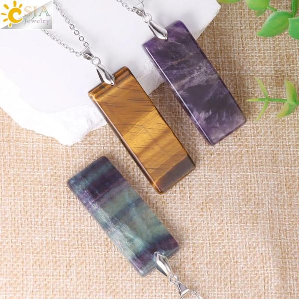 Pendentif Colliers Pierre naturelle Rectangle pendentifs collier pour homme pilier cristal fluorite améthyste oeil de tigre chaîne en acier inoxydable H225