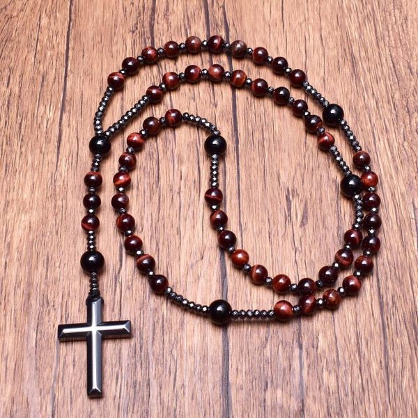 Collares colgantes Piedra natural Red Tiger Eye Onyx Católico Cristo Rosario con hematita Cruz Collar para hombres Mujeres Joyería Colgante