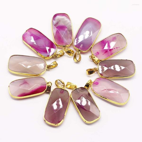 Collares colgantes Piedra natural Rose Rojo Agata Sección Rectángulo de borde dorado Pendantes Purple Crystal Diy Joyería Accesorios Al por mayor