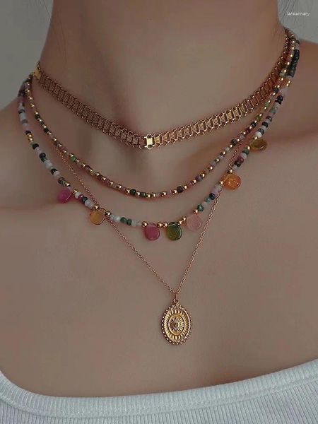 Pendentif Colliers Pierre naturelle Tourmaline Collier Femme Automne et hiver Chaîne de clavicule pliée Couleur Chaîne Bijoux Pull