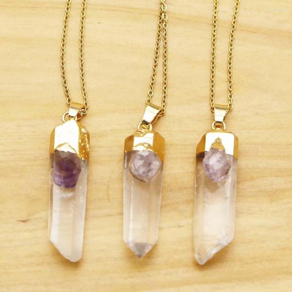 Collares colgantes Pilar de piedra natural Pilar de cristal White Amethyst Irregular Columna de cadena de acero inoxidable Joyería de collar chapado de oro 1 PC