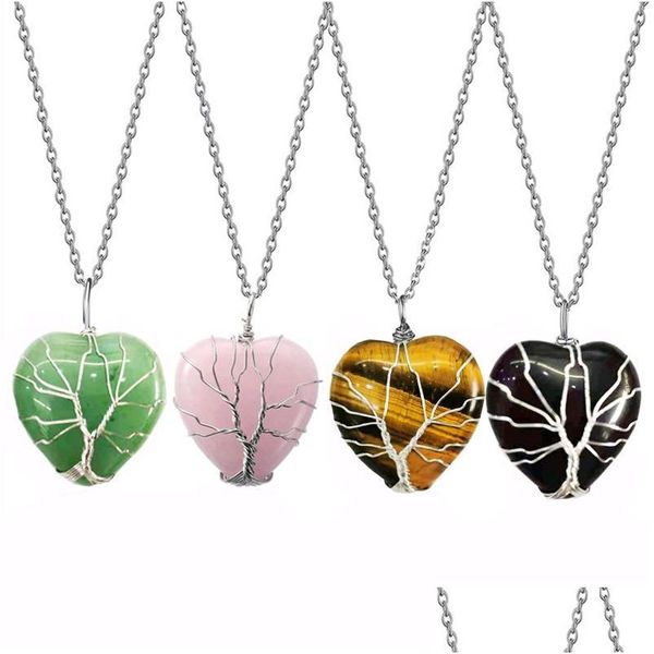 Pendentif Colliers Pierre Naturelle Fil Enroulé Arbre De Vie Oeil De Tigre Opale Améthystes Cristal De Quartz Chakra Reiki Collier De Guérison Pour Wo Dh7Wb