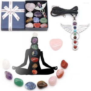 Pendentif Colliers Pierres naturelles 7 Chakra Set Cristaux de guérison 7pcs Tumbled Pierre précieuse en forme de coeur Rose Quartz Angel Wing Yoga Kit de bijoux