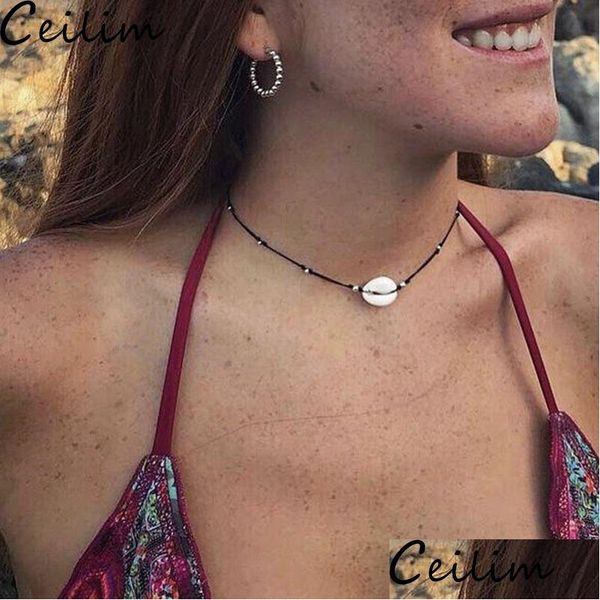 Pendentif Colliers Naturel Été Plage Shell Collier Ras Du Cou Chaîne De Corde Noire Tissé Sier Couleur Perles Pour Femmes Accessoires J Dhgarden Dhlhr