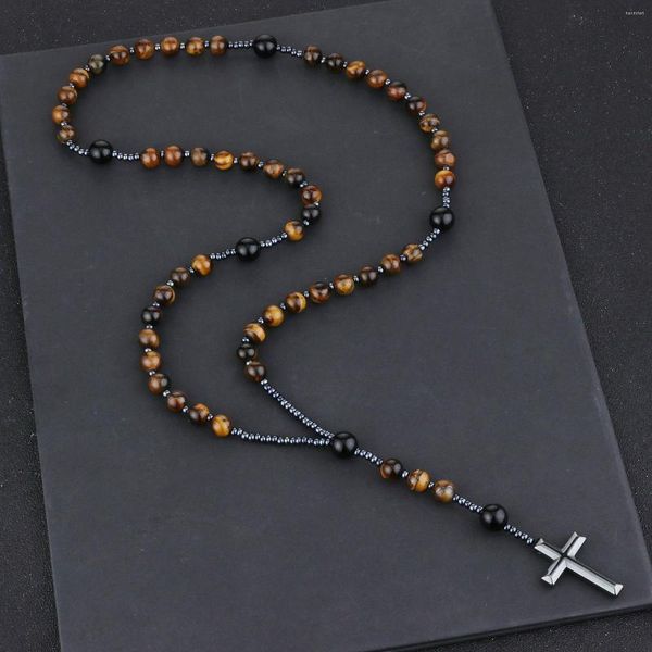 Colliers pendants Naturel Tiger Eye Stone Black Agate Beads Chain Catholic Christ Rosaire Collier Hematite Cross Pray