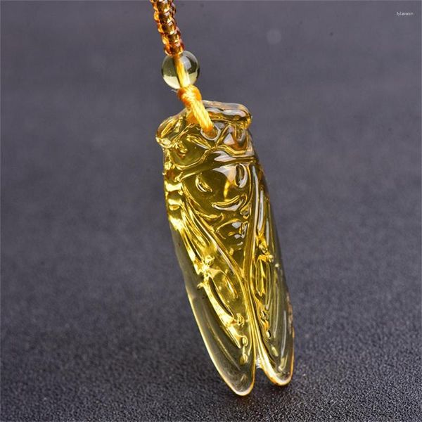 Pendentif Colliers Topaze Naturelle Sculpté À La Main Chinois Cigale Jade Charme Citrine Bijoux De Mode Pour Femmes Homme Collier Cadeau