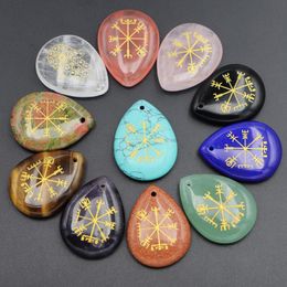 Hangende kettingen Natuurlijk Viking Symbool Rune Vegvisir Stone Compass Talisman Chakra Healing Crystal Teadrop Trumped Gem Necklace Jewelrypen