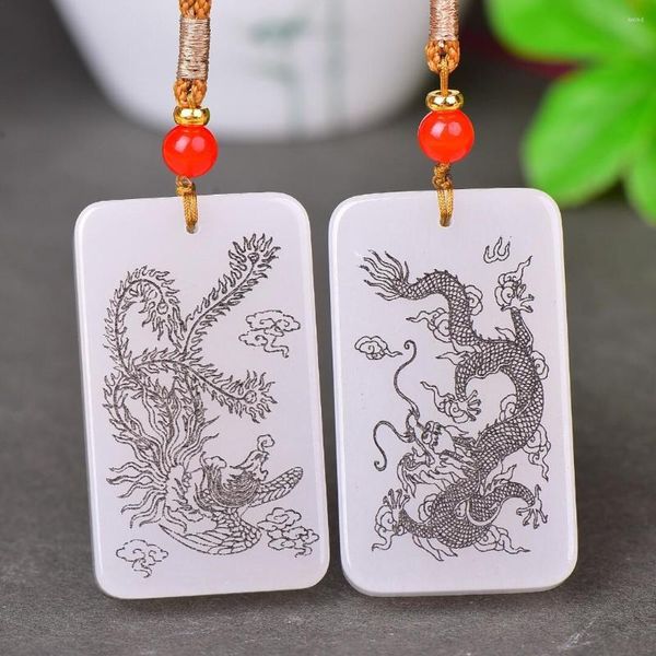 Pendentif Colliers Naturel Blanc Jade Dragon et Phoenix Couple Hommes Femmes Véritable Néphrite Chinois Jades Fengshui Charme Lucky Amulette