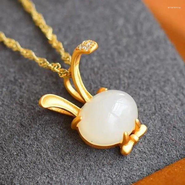 Pendentif Colliers Naturel Blanc Jade Collier S925 Sterling Argent Hetian Néphrite Charme Chanceux Amulette Femmes Fine Bijoux