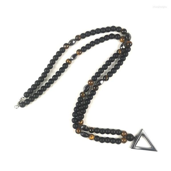 Pendentif Colliers Nature Pierre Hématite Triangle Pendentifs Et Chaînes 6mm Agate Perles Sur Le Cou De Pierres Cadeaux Pour Hommes Bijoux Corée