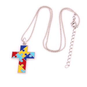 Pendentif Colliers Collier Pour Femmes Hommes Croix Forme Jigsaw Puzzle Motif Coloré Émail Cadeau En Alliage De Zinc Fournir Goutte