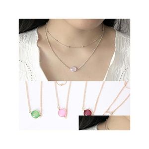 Collares colgantes Collar Joyería Oro Piedra preciosa Colgantes redondos Doble capa Chocker Rosa Blanco Verde Cristales curativos para gota Delive Dhhda