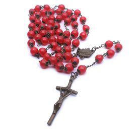 Pendentif Colliers Collier de grenade rouge Rosaire Perles Croix Catholique Christian Prière Fournitures Bijoux Accessoires Cadeau