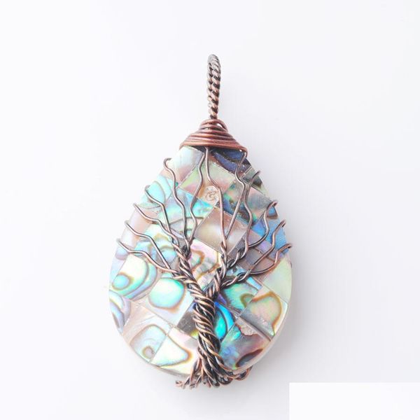 Pendentif Colliers Collier Pendentif Naturel Coquille D'ormeau Bijoux Arbre De Vie Ancien Cuivre Métal Fil Wrap Goutte D'eau Bdejewelry Dhzde