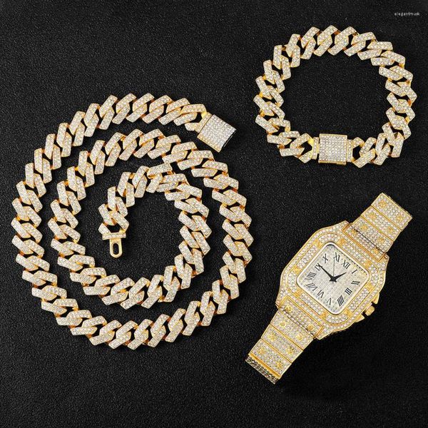 Collares pendientes Collar Reloj Pulsera Hip Hop Miami Curb Cadena cubana Color plata Full Iced Out Paved Rhinestones CZ Bling para hombres