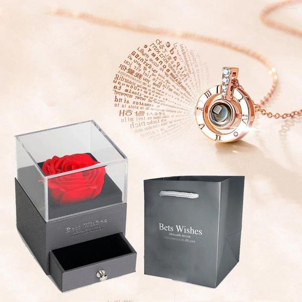 Collar colgantes Collar con caja de regalo de rosa Joyería de joyas 100 Idiomas Te amo para mujeres Girlad 2024 Accesorios de regalos de Navidad