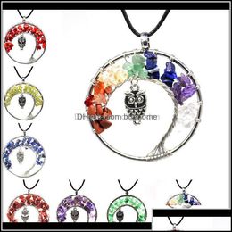 Collares pendientes Collares 7 Chakra Cuarzo Piedra natural Árbol de la vida Búho Collar Mticolor Colgante Encantos Joyería de moda Gota Shi Otqz3