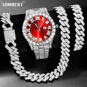 Pendentif Colliers Collier + Montre + Brelet Iced Out Montre Pour Hommes Hip Hop 14 MM Prong Chaîne Cubaine Rappeur Cubain Colliers Ensemble Punk Party Bijoux Cadeau J230620