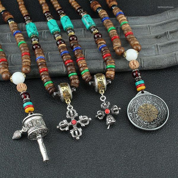 Collares pendientes Nepal Budista Mala Cuentas de madera Tibetano Seis caracteres Mantra Rueda de oración Bohemio Buda Joyería de la suerte