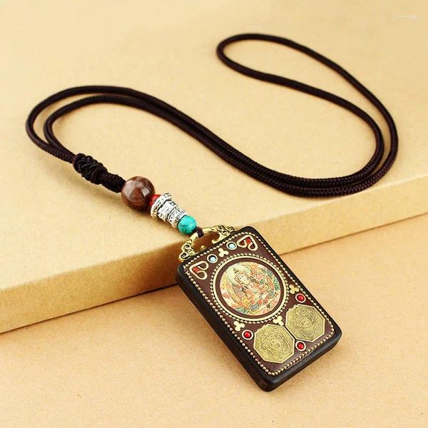 Pendentif Colliers Népal Tangka Mâle Vert Tara Manjushri Bodhisattva Noir Bois De Santal Bouddha Signe Vintage Collier Pull Chaîne Bijoux