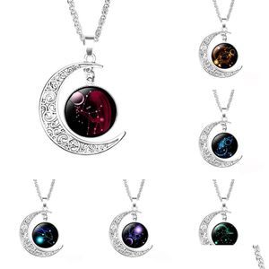 Hanger kettingen Nieuwe 12 Zodiac Sign Moon for Women Glass Cabochon Constellation Charm Chains Fashion Jewelry Gift Drop levering Penda Dhn97