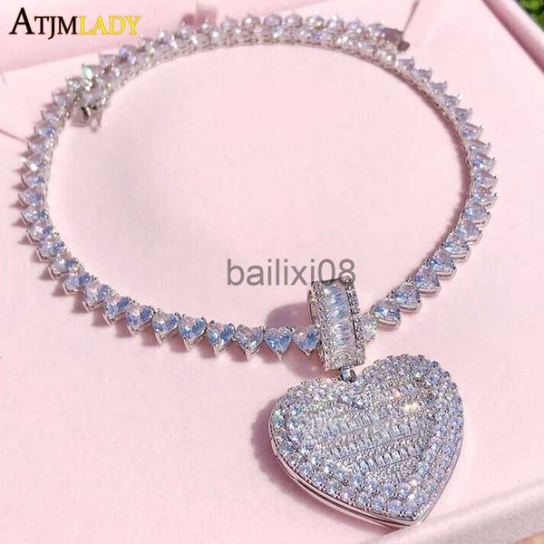 Collares pendientes Nuevo Se puede abrir Foto en forma de corazón Colgante Neckle Iced Out Bling Corazones Cadena Cubic Zirconia Charm Moda Mujer Hombre Joyería J230620