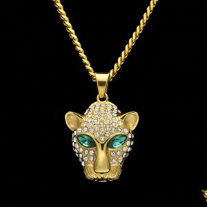 Colares com Pingente Nova Moda Hip Hop Masculino Bling Banhado a Ouro Olhos de Diamante Verde Leopardo Colar de Cadeia Cubana Animal dos Desenhos Animados Jóias Dhbt2