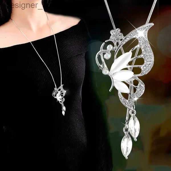 Pendentif Colliers Nouvelle mode opale cristal ailes de papillon longs colliers pendentifs pour femmes Simple élégant Tren bijoux chandail chaîne L231218