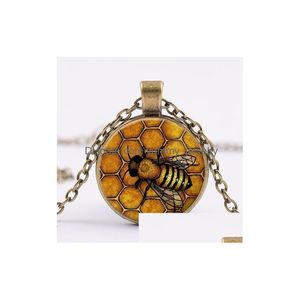 Collares pendientes Nuevo oro Honeycomb Bee Necklace Honey Queen Po Glass Crystal Cabochon 4 colores Cadena Uni Trendy Jewelry Drop Deliver Dhwva