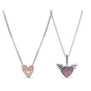 Collares pendientes NUEVO Alta calidad 925 Pan de plata esterlina Collar de corazón a mano alzada Corazón Alas de ángel Ajuste Mujeres Regalos de fiesta G230202