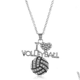 Colliers de pendentif Nouveau I Love Volleyball Crystal Letter Heart Basketball Football Sier Chains pour femmes Fashion Sports Bijoux Gift Dro DHA87