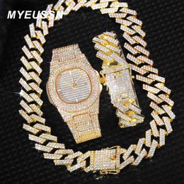 Pendentif Colliers Nouveau Iced Out Hommes Cubain Lien Chaîne Bracelet Collier Ras Du Cou Bling Bijoux Hommes Grandes Chaînes De Couleur Or Hip Hop Punk Ensemble HKD230712