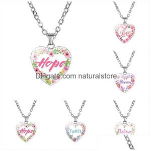 Collares colgantes Nuevos collares inspiradores en forma de corazón para mujeres Amor Esperanza Sueño Creer Carta de fe Cadenas colgantes de cristal Moda Dhqho