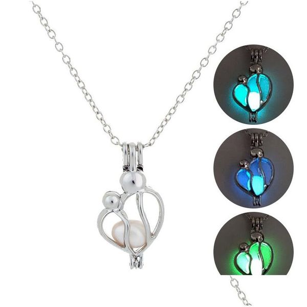 Pendentif Colliers Nouveau Lumineux Mère Et Enfant Collier Lueur Dans Le Noir Cage Ouverte Médaillon Charme Chaînes Pour Femmes Mode Mères Da Dhxdb