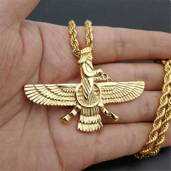 Collares pendientes Nuevos Hombres Hip hop Irán Faravahar Ahura Mazda Zoroastrian Collar Colgante Color Oro Acero Inoxidable Hombres Joyería T230413