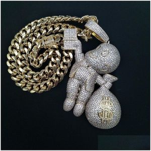 Hangertjes kettingen Nieuwe Gepersonaliseerde 18K Vergulde Hip Hop Cartoon Jongen Met Grote Geldzak Hanger Ketting Ed Chain Iced Out Cz Zirkoon Dhtpq