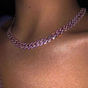 Hanger kettingen Nieuwe roze helder kristal verhard Miami Curb Cubaanse ketting ketting voor vrouwen veelkleurige Cubaanse linkketen sieraden verstelbare Y240420