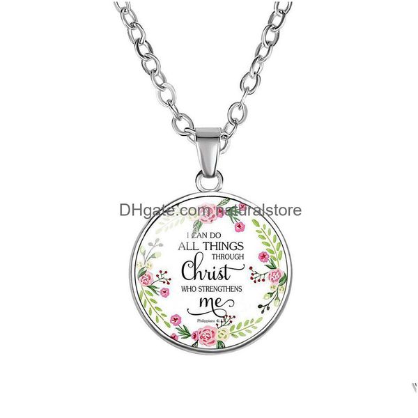 Pendentif Colliers Nouvelle religion Bible Écriture Collier pour femmes Chrétiens Versets Lettre Fleur Verre Cabochon Chaînes Foi Jewelr Dhr4I